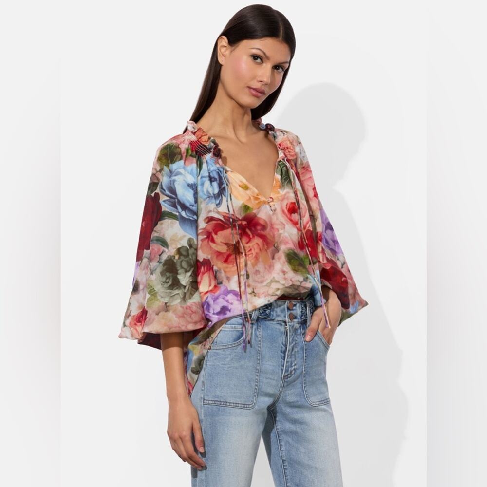 Alice + Olivia Norah Peasant Cotton & Silk Blouse in Storm Floral M - Picture 8 of 10